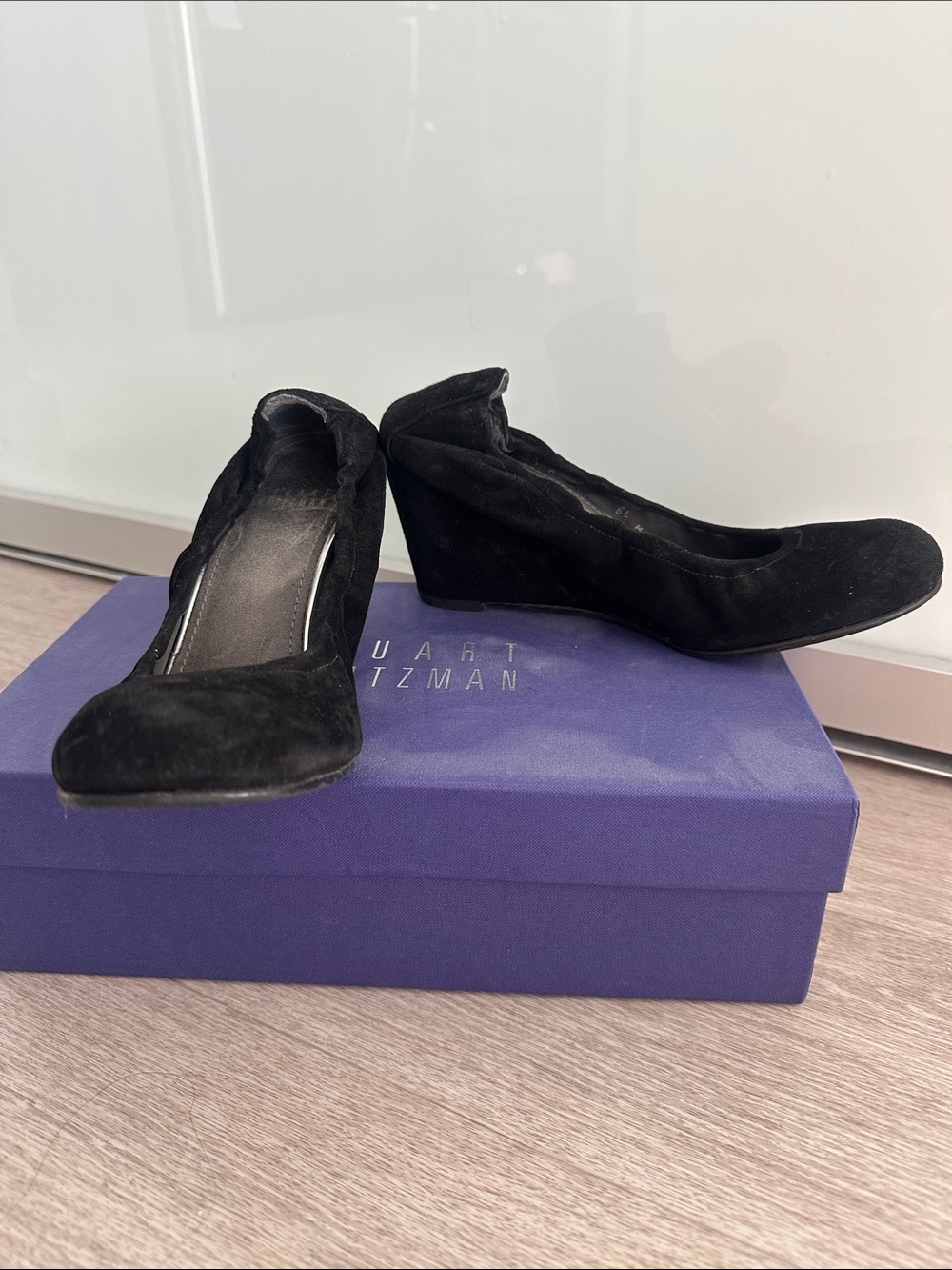 Stuart Weitzman Black Suede Wedge Heels. Preowned. Size 6.5